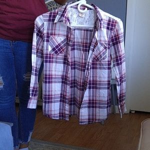 Long sleeve plaid shirt with lace on the back